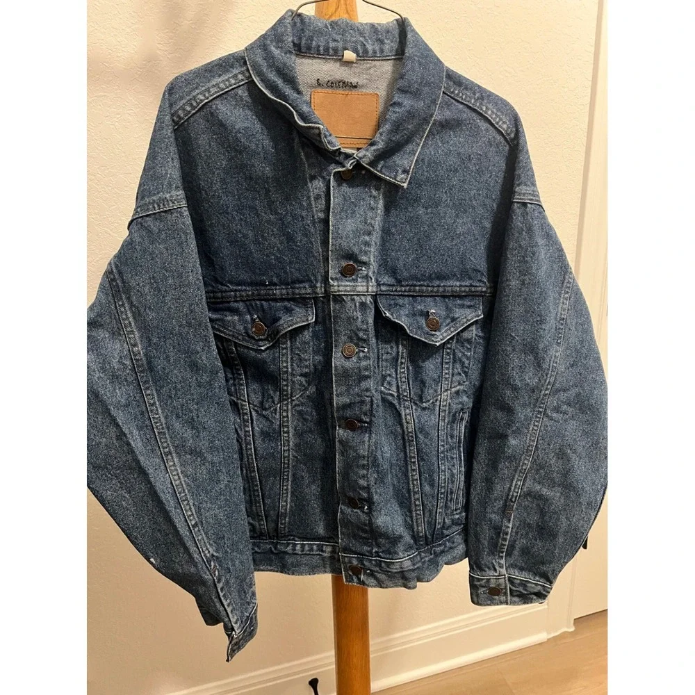 Vintage International Denim Wolf Graphic Trucker Jacket Mens Large Blue 90s